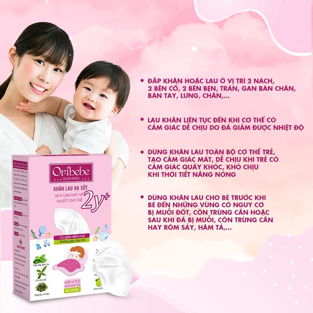 Khăn Lau Hạ Sốt Oribebe 2+ Cho Bé Giúp Hạ Nhiệt Giảm Sốt Hộp 4 Túi x 6 Khăn