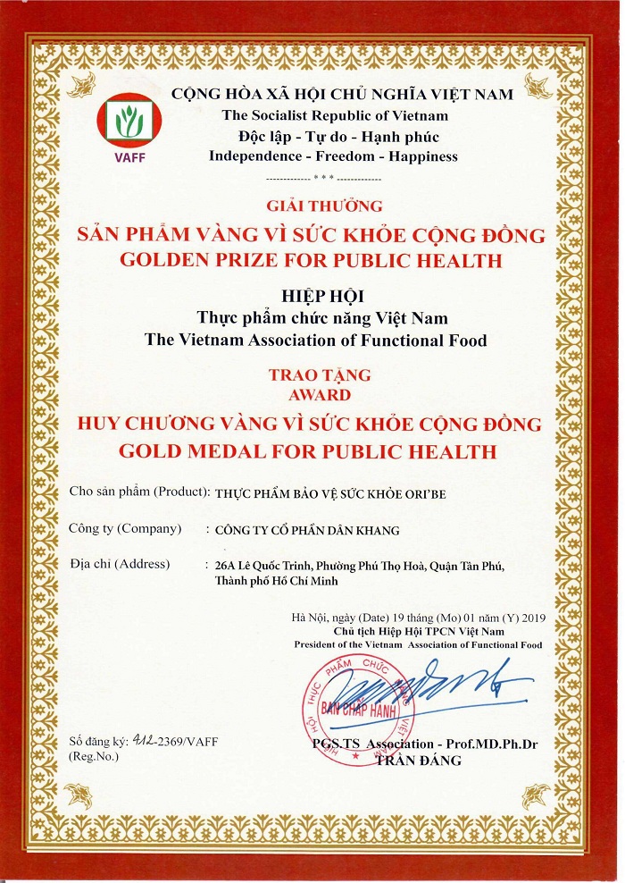 chứng nhận sp vàng viên uống oribe