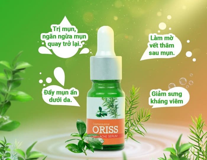 Serum mụn Oriss gồm hai thành phần chính là Tinh chất Tràm trà và Chiết xuất Cham lim thơm