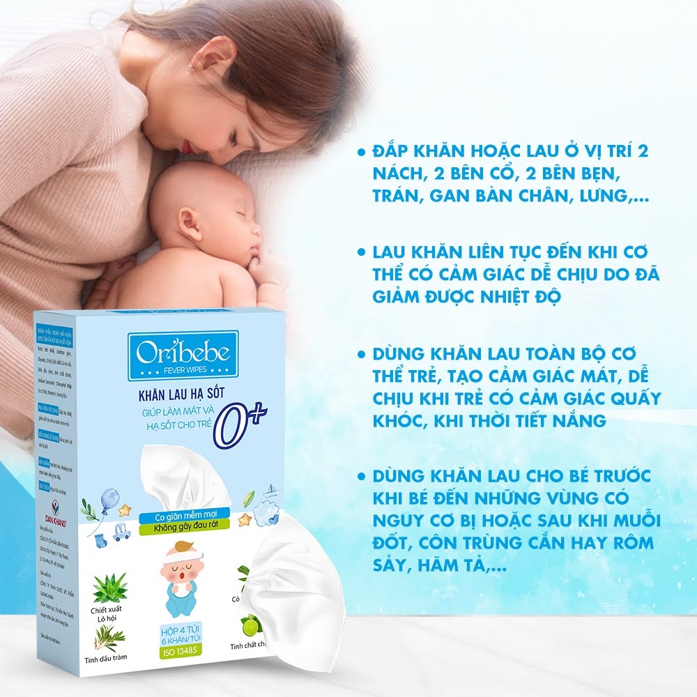 Khăn Lau Hạ Sốt Oribebe 0+ Cho Bé Giúp Hạ Nhiệt Giảm Sốt Hộp 4 Túi x 6 Khăn.
