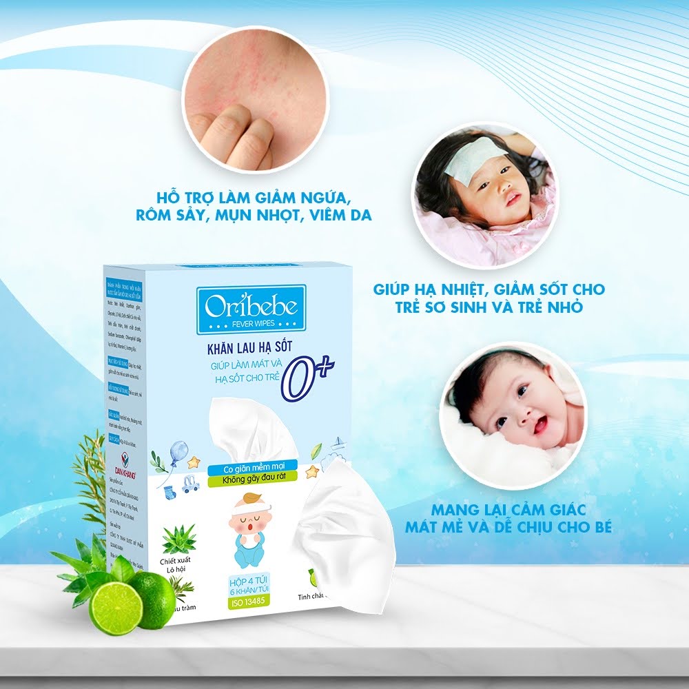 Khăn Lau Hạ Sốt Oribebe 0+ Cho Bé Giúp Hạ Nhiệt Giảm Sốt Hộp 4 Túi x 6 Khăn.