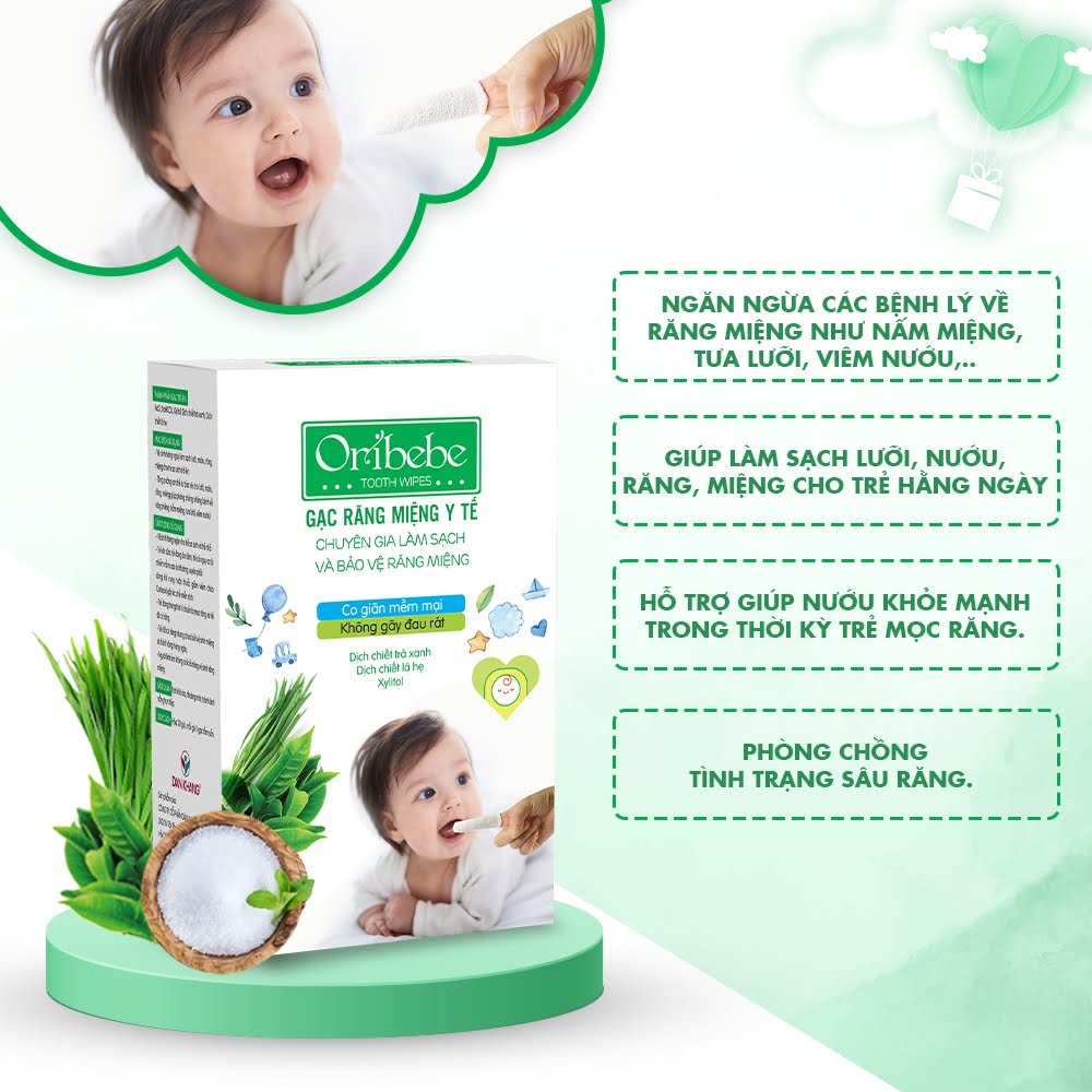 Gạc răng miệng y tế Oribebe - Gạc Rơ Lưỡi Vệ Sinh Răng Miệng Cho Bé Hộp 30 Gói.
